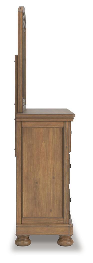 Feddinger - 3 Pc. - Queen Sleigh Storage Bed, Dresser And Mirror - Medium Brown