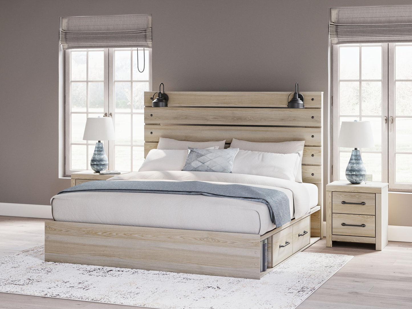 Senbry - King Panel Bed With Side Storage - Tan